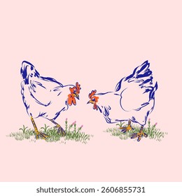 Chickens sketch on vintage style isolated on background vector illustration.