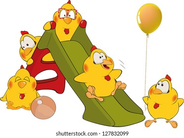 Chickens and a slide cartoon