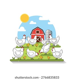 Chickens and small chicks wandering together on a green pasture in front of a red barn and grain silo under a sunny blue sky