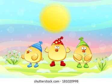 Chickens and snowdrops. Vector Illustration EPS10