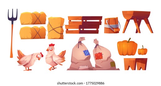 Chickens, straw, bags with harvest and fork isolated on white background. Vector cartoon set of farm icons with hay stacks, wooden boxes, trough and bench, hen and pumpkin