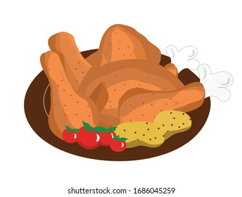 Chickens, tomatoes and potatoes in black plate vector illustration