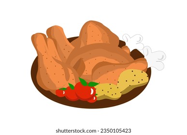 Chickens, tomatoes and potatoes in black plate vector illustration