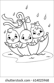 Chickens in an umbrella. Coloring. Happy Easter. Cartoon Vector Illustration. Isolated on white background.