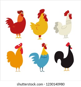 Chickens vector illustration in Color. Brown and white Hen and Rooster. Mascot chicken 