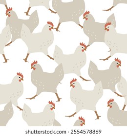 Chickens vector seamless pattern on transparent background. Farming wallpaper design with domestic birds, perfect for textile, paper, scrapbooking
