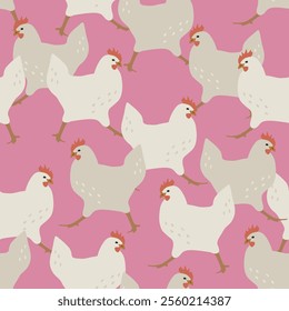 Chickens vector seamless pattern on pink background. Creative farming wallpaper design with domestic birds, perfect for textile, paper, scrapbooking
