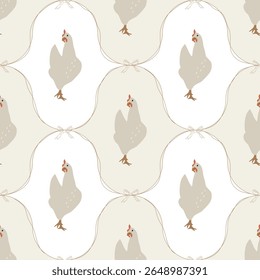 Galinhas vetor sem emenda padrão em estilo retro rústico. Aves domésticas bonitas com ornamento de arcos de fita para design têxtil, envoltório, scrapbooking, fundo. Ilustrações desenhadas à mão 