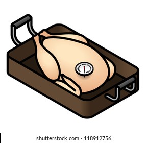 A Chicken/turkey Roast In A Roasting Pan With A Meat Thermometer.