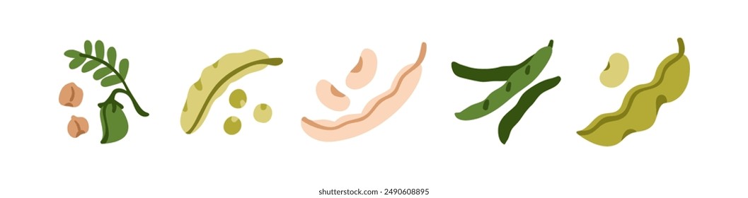 Kichererbse, Bohne, Erbsen in Hülle, Hülsenfrüchte und grüne Edamame Snaps Icons Set. Gesundes Gemüse, vegetarische und vegane Eiweiß- und Faserpflanzennahrung. Flache Vektorillustration isoliert auf weißem Hintergrund