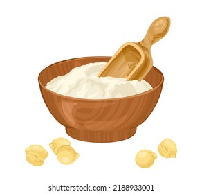 Chickpea flour in wooden bowl with spoon and beans. Vector  organic food illustration in cartoon flat style.