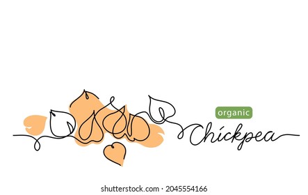 Chickpea, garbanzo beans simple vector drawing. One continuous line art border, background, label design with lettering chickpea.