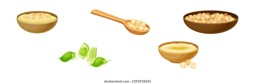 Chickpea Legume Plant in Bowl and Spoon Vector Set