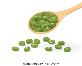 Chickpea, Mung beans, Green beans in a wooden spoon Flat design, isolated white background.