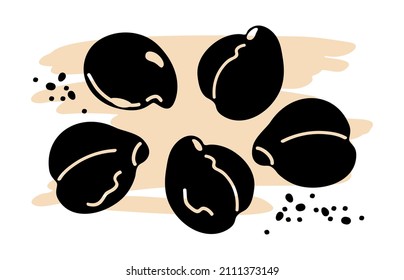 Chickpeas. Bean black vector silhouettes, beige abstract blot. Vector illustration isolated on white background.