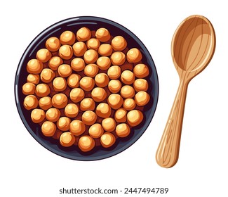 Chickpeas in bowl and wooden spoon on white isolated background. Portion of chickpeas. Vector illustration in eps 10. Suitable for menu, recipe and cookbook 