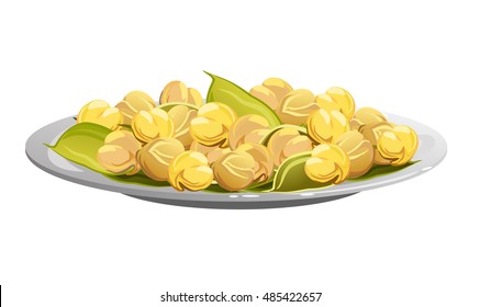 Chickpeas  (Cicer arietinum, Bengal gram, garbanzo bean, chick pea, Egyptian pea, ceci, Kabuli chana). Hand drawn vector illustration of plate with chickpeas and bean pods on white background. 