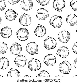 Chickpeas hand drawn vector seamless pattern. Isolated Vegetable engraved style background. Detailed vegetarian food drawing. Farm market product. Great for menu, packaging design, fabric