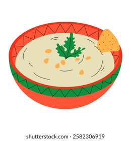 Chickpeas hummus in bowl. Traditional Middle Eastern food. Hand drawn vector illustration