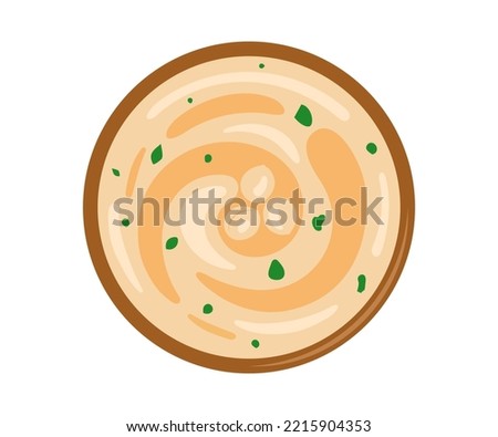 Chickpeas hummus, paste food in plate, top view. Traditional arabic food. Vegetarian vegan protein meal. Cream puree from bean. Vector illustration