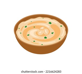 Chickpeas hummus, sauce puree food in bowl. Traditional Arabic food. Vegetarian vegan protein meal. Cream puree from bean. Vector illustration