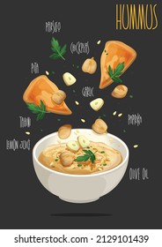 Chickpeas hummus. Traditional arabic food. Vegetarian vegan meal. Vector illustration