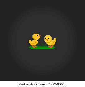 Chicks 8 bit pixels. Animal for game assets in vector illustration.