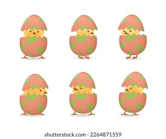 Chicks in broken Easter eggs with leaves set