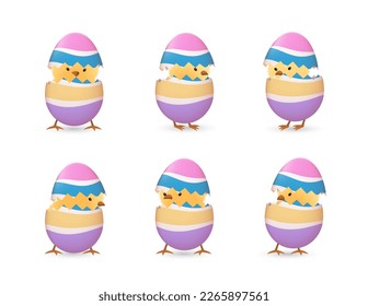 Chicks in broken Easter eggs with stripes set