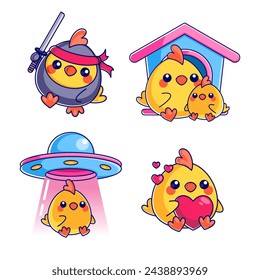 Chicks carried by UFO, cartoon style set