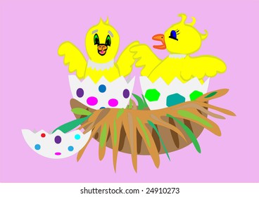 Chicks Coming Out of their Eggs  Vector Illustration