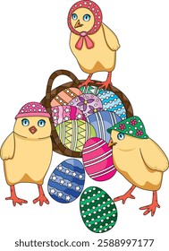 Chicks With Easter Eggs Basket Illustration