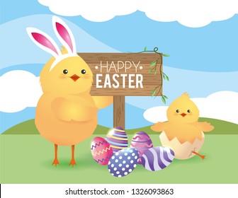chicks with easter eggs decoration to event