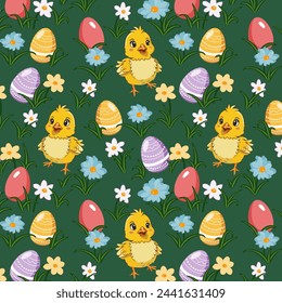 Chicks and Easter eggs.Vector seamless pattern with Easter eggs and chickens on a flower meadow.