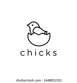 chicks and eggshells with line art logo design illustration