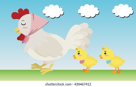 chicks follow hen cartoon vector