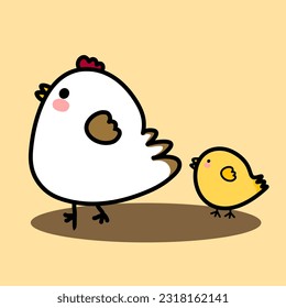 Chicks following chicken. Hatched chick and hen family. Easter chicken mascot bird, mother chick and small hens cartoon vector illustration