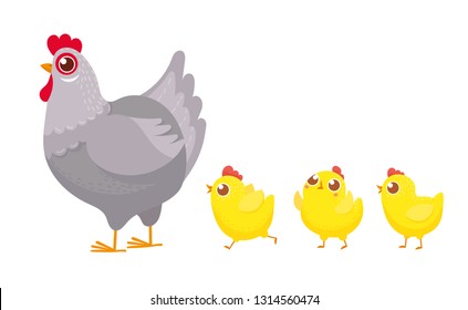 Chicks following chicken. Spring easter chickens, hatched chick and hen family. Easter chicken mascot bird, mother chick and small hens cartoon vector illustration