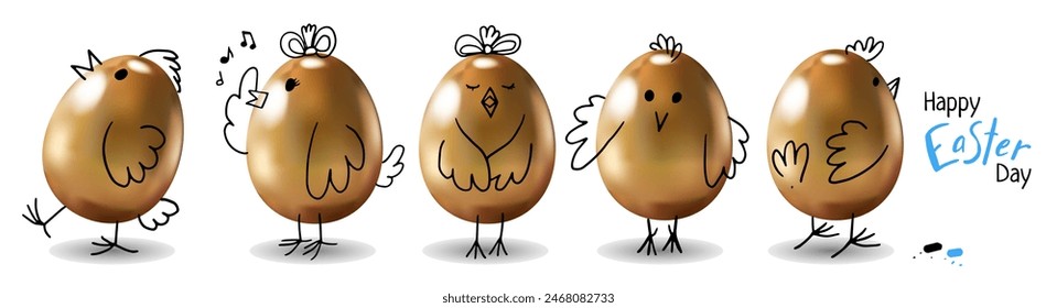 Küken goldene Eier gesetzt. Lustige 3D und handgezeichnete Doodle Charaktere in verschiedenen Posen für Ostern Designs. Vektorillustration auf weißem Hintergrund.