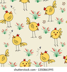 Chicks, hand drawn seamless vector pattern. Spring, Easter theme. Cute colorful drawings on pinkish background.