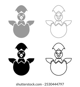 Chicks hatch from the egg baby bird cracked eggshell set icon grey black color vector illustration image solid fill outline contour line thin flat style