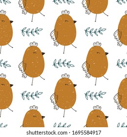 Pollos y hojas de relleno vectorial sin fisuras.Dibujo infantil. Papel de envoltura para bebés, textiles, ilustración vectorial