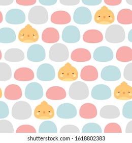 Chicks and Mochi Cake Seamless Pattern Background, Scandinavian cartoon easter vector illustration for kids background