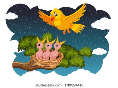 Chicks and its mother bird in nature illustration