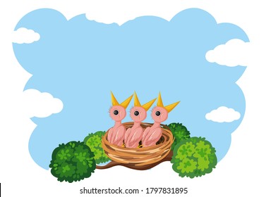 Chicks and its mother bird in nature illustration