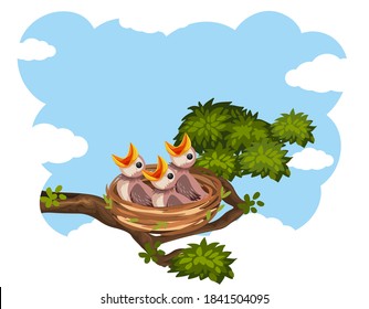 Chicks and its mother bird in nature illustration