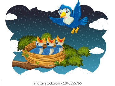 Chicks and its mother bird in nature illustration