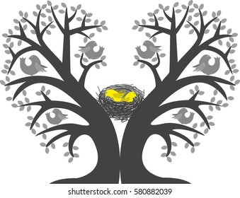 chicks in the nest in the bird tree branch