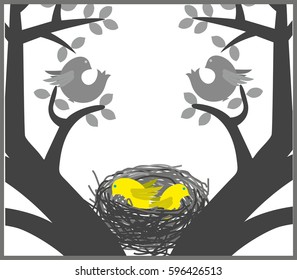chicks in the nest in the bird tree branch