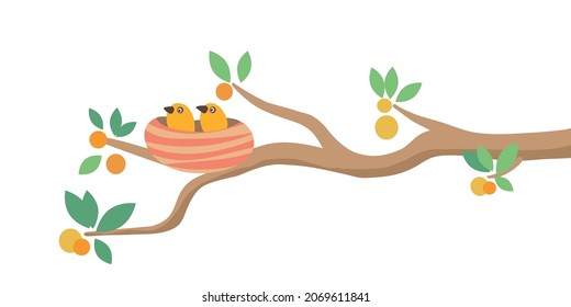 Chicks in the nest branch. Vector illustration. White background.